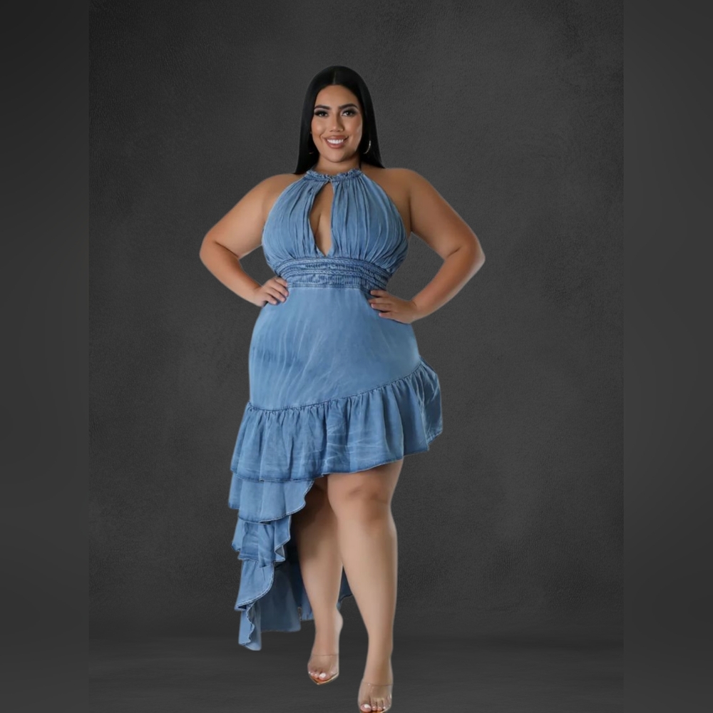 Blue Asymmetrical Ruffled Backless Jeans Plus Size